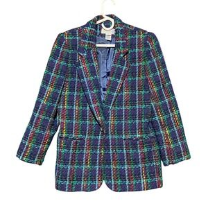 Vintage Diversity Plaid Tweed Blazer Jacket Women's Petite 4 Vibrant Multicolor